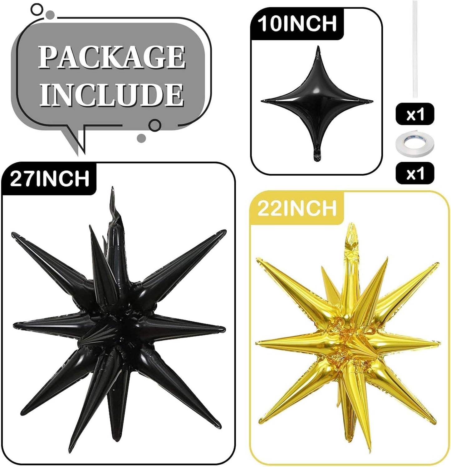 Black Gold Star Balloons 12pcs, 27/22 Inch Foil Star Explosion Balloons, Large Spike Mylar Cone Balloon, Fireworks Shape Balloon Decor for Retirement Anniversary New Year Wedding