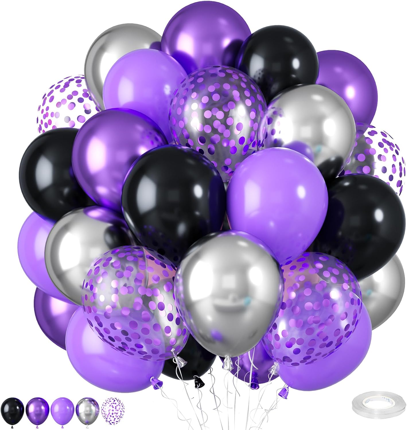 50pcs Purple & Black Balloons - 12in Metallic Silver, Black with Ribbons & Confetti for Halloween, Birthdays, Anniversaries & Graduations