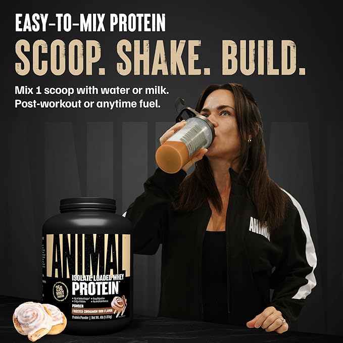 Animal Whey Isolate Protein Powder - Loaded for Pre & Post Workout Muscle Builder and Recovery with Digestive Enzymes for Men & Women - 25g Protein, Great Taste, Low Sugar - Frosted Cinnamon Bun 4 lbs