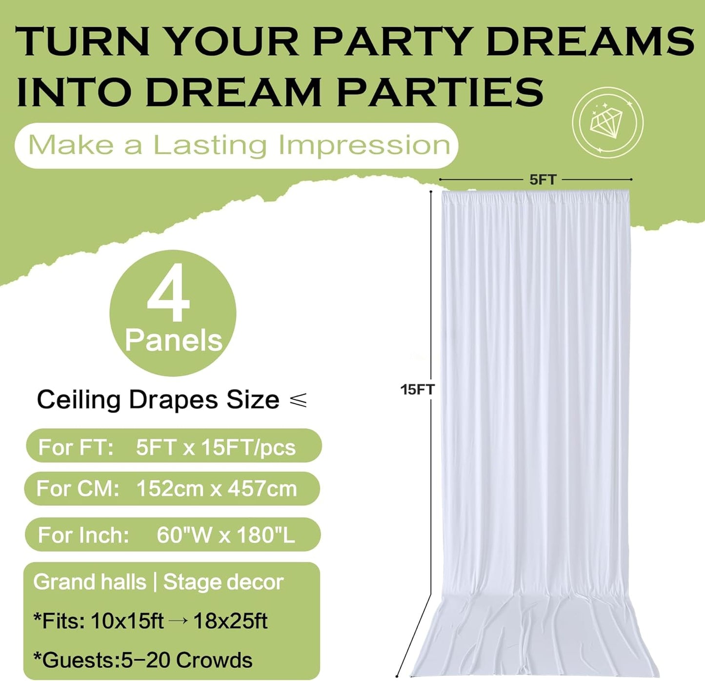 PartyVillage 20ft×15ft White Backdrop Curtain for Wedding Parties, 4 Panels Wrinkle Free 15 FT Long Polyester Photo Backdrop Drapes Back Drop Cloth for Birthday Photography Background