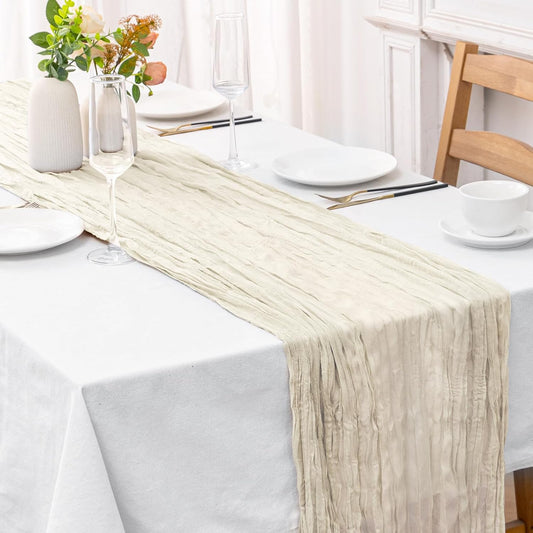 2 Pcs Ivory Cheesecloth Table Runner - 120 inch 10FT Boho Rustic Gauze Cheese Cloth Table Runner Decor for Spring Summer Party Wedding Birthday Baby Bridal Shower Home