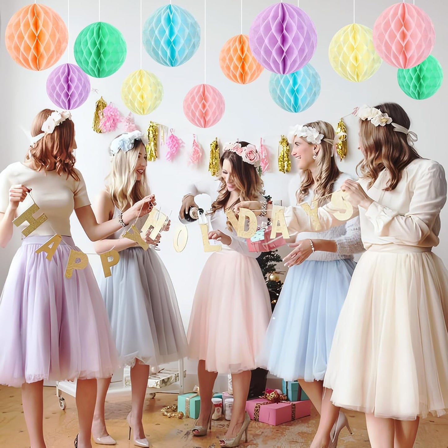 Hanging Honeycomb Decorations, Pastel Party Decorations, Rainbow Honeycomb Balls Decorations for Macaron Birthday Baby Shower Spring Decor, Set of 16 ﻿