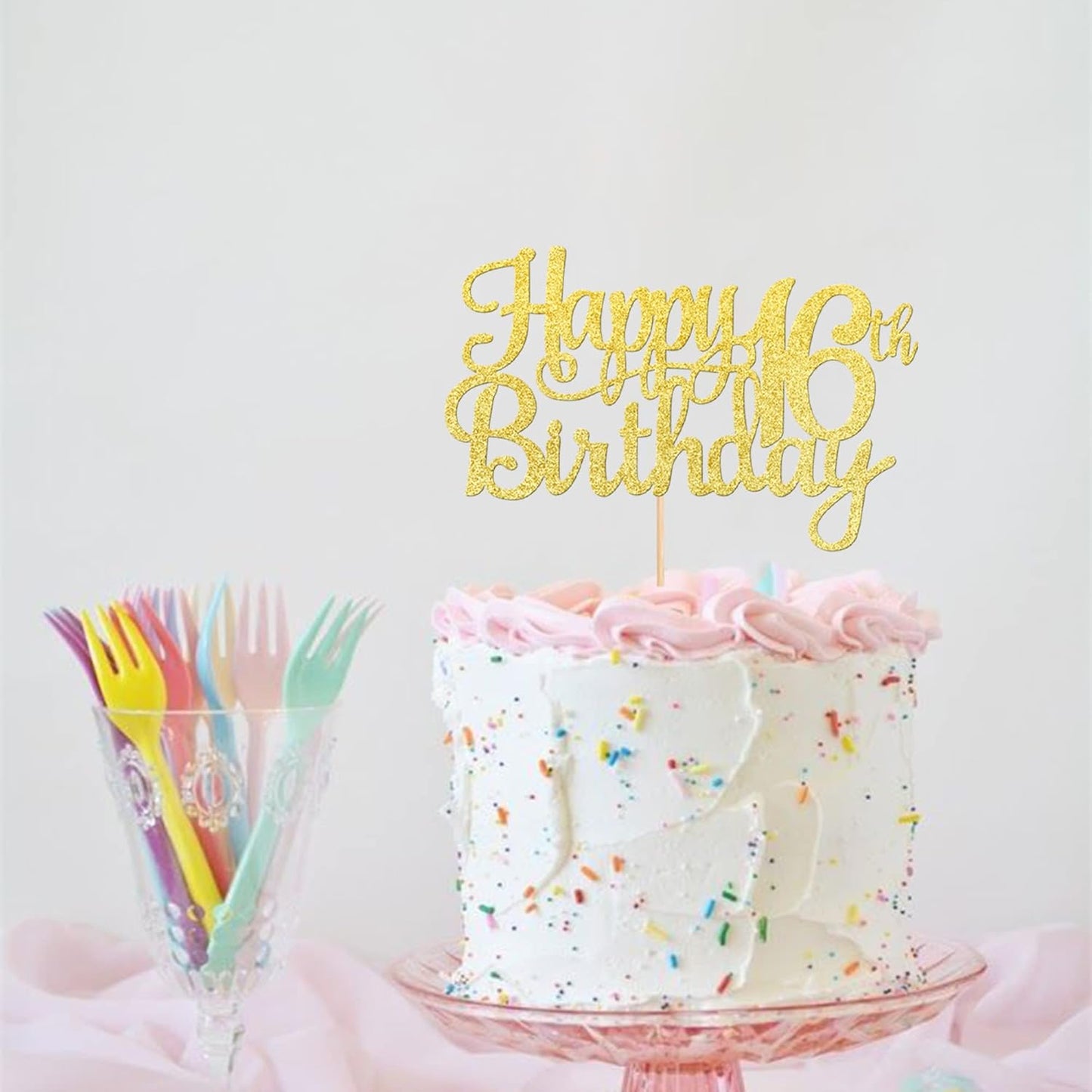 1 PCS Happy 16th Birthday Cake Topper Gold Glitter Cheers to 16 Years Birthday Cake Pick Sweet 16 Fabulous Cake Decoration for Happy 16th Birthday Theme Party Decorations Supplies