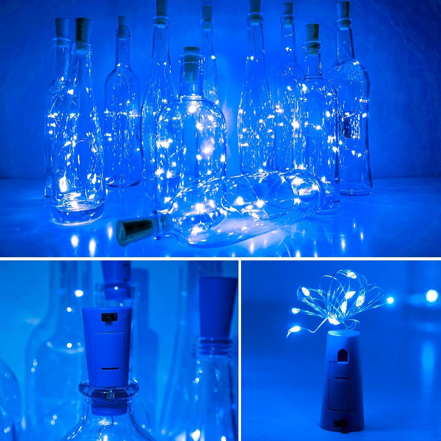 Wine Bottle Lights with Cork 15Pack 10 LED 40 Inches Battery Operated Silver Wire Liquor Fairy Mini String Lights for Party Christmas Halloween Wedding Decoration (Blue)