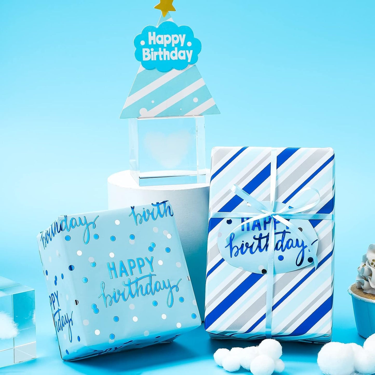 LeZakaa Reversible Blue Birthday Wrapping Paper Roll for Boys Men, Happy Birthday Lettering & Stripe Pattern with Metallic Foil in Blue, Mini Roll, 17 inches x 32.8 Feet (46.45 sq.ft.)