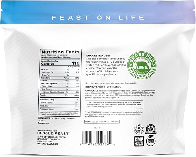 Muscle Feast Hydrolyzed Whey Protein Powder, Grass Fed and All Natural Hormone-Free, Hydro Whey Powder for Men and Women, Gluten Free, Non-GMO, Delicious Hydrolyzed Protein Powder, Unflavored, 2lb