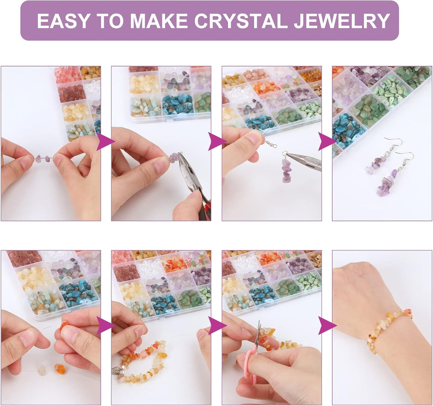 QUEFE 720pcs Crystal Chips Beads Ring Making Kit, 40 Colors Crystal Chips and Gemstone Beads for Jewelry Making Crystal Beads for Ring, Bracelets Earring Making Supplies, Craft Gifts