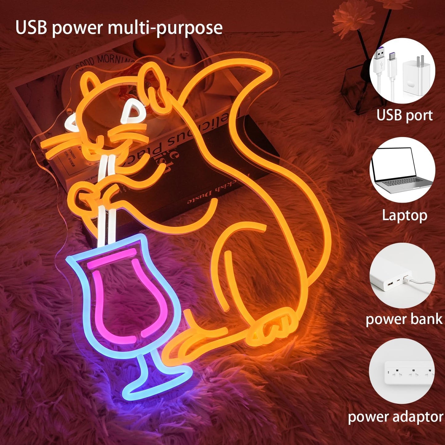 Squirrel Cocktail Neon Sign for Wall Decor, Orange Squirrel Neon Light, USB Powered Animal Cocktail Bar Led Light Up Sign for Bar, Bedroom, Man Cave, Business, Game Room