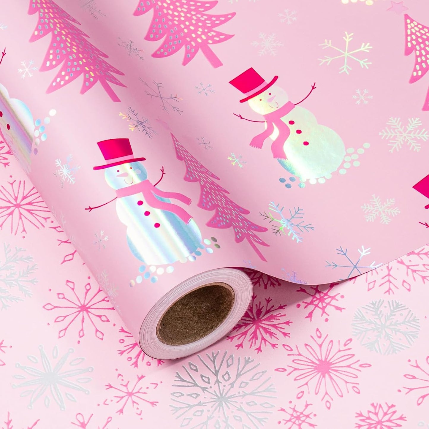 LeZakaa Christmas Pink Wrapping Paper Jumbo Roll, Snowman Christmas Tree & Snowflake Metallic Foil, Rose Gold Foil Reversible Design for Festive Winter Holiday, Family Gathering, 30 inches x 32.8 Feet