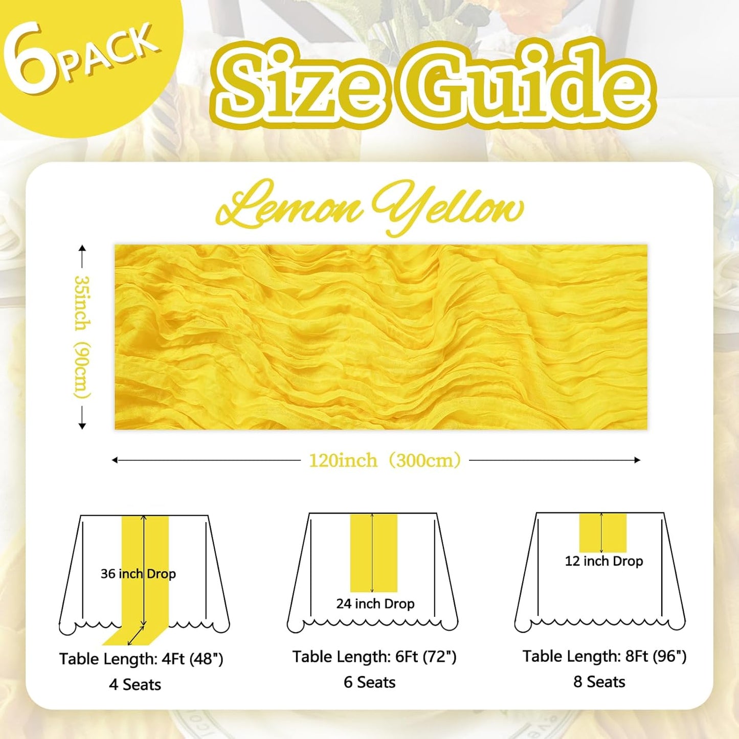 6 Pack Lemon Yellow Fall Table Runner 10ft Boho Gauze Fabric Cheesecloth Thanksgiving Table Runner 35 x 120 Inch Rustic Sheer Runner for Wedding Decor Baby Shower Party Table Centerpiece Decorations