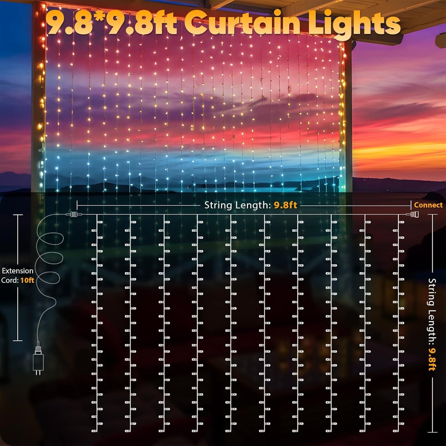 suddus Curtain Lights, 300 Led 9.8 * 9.8ft Sunset Curtain Fairy Lights, Hanging Lights for Bedroom, Backdrop, Room Decor, Wall, Window, Party, Tapestry, Multicolor