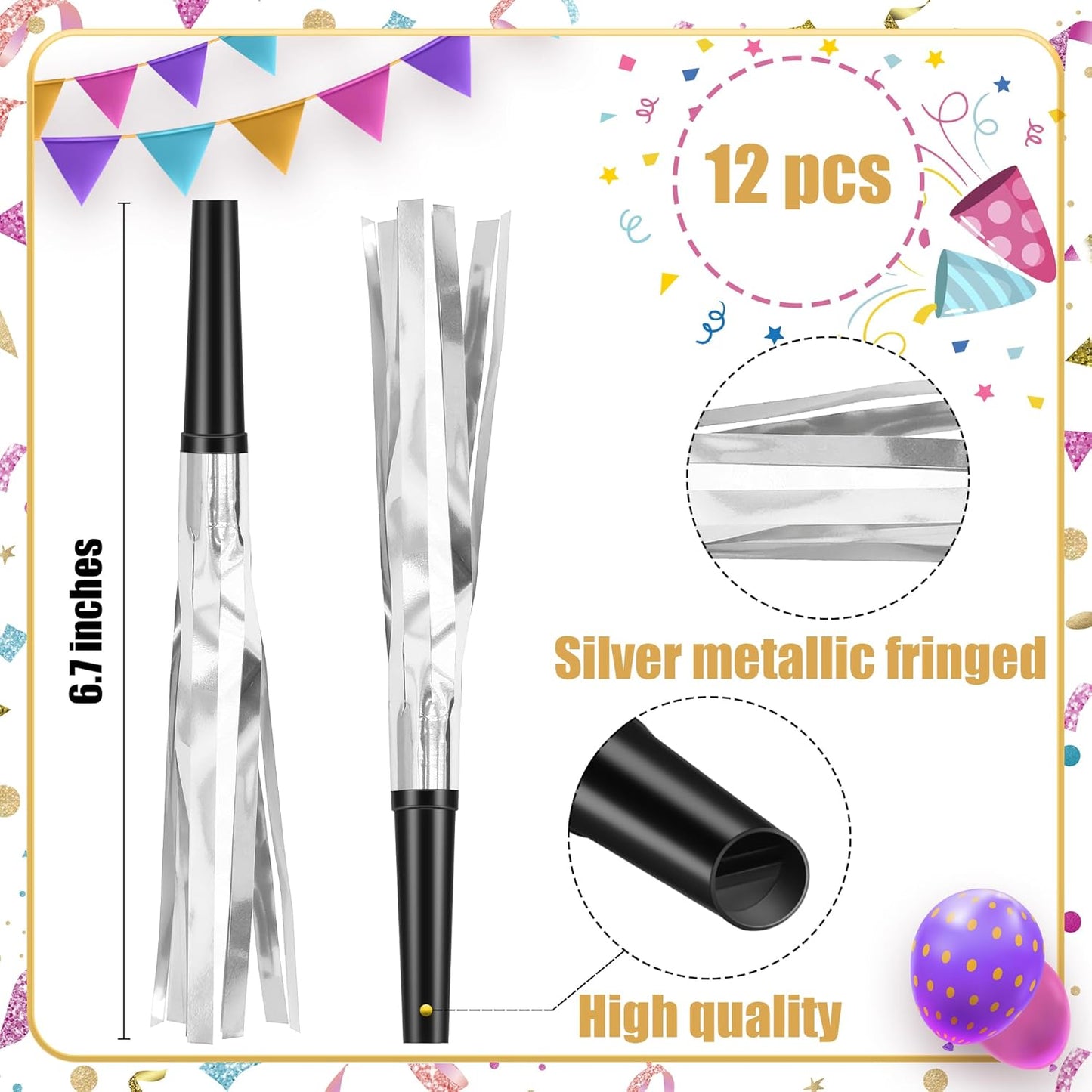12 Pcs Glitter Noise Makers Metallic Fringed Party Blower for Adults Birthday Graduation New Years Party Favors Supplies (Silver)