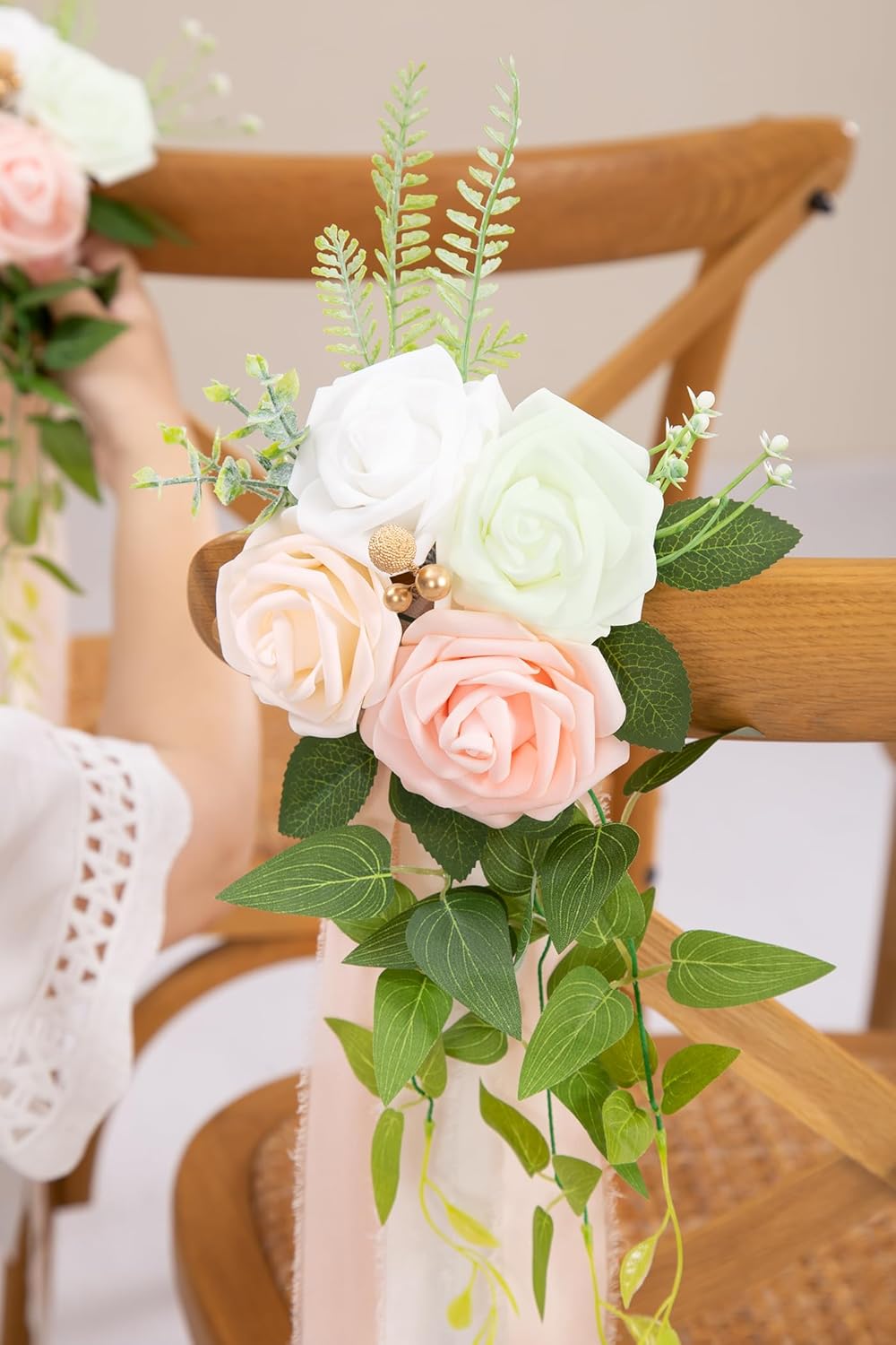 DORIS HOME Wedding Aisle Decorations Pink Pew Flowers Set of 10 for Wedding Ceremony Party Chair Decor with Artificial Flowers Eucalyptus and Ribbons