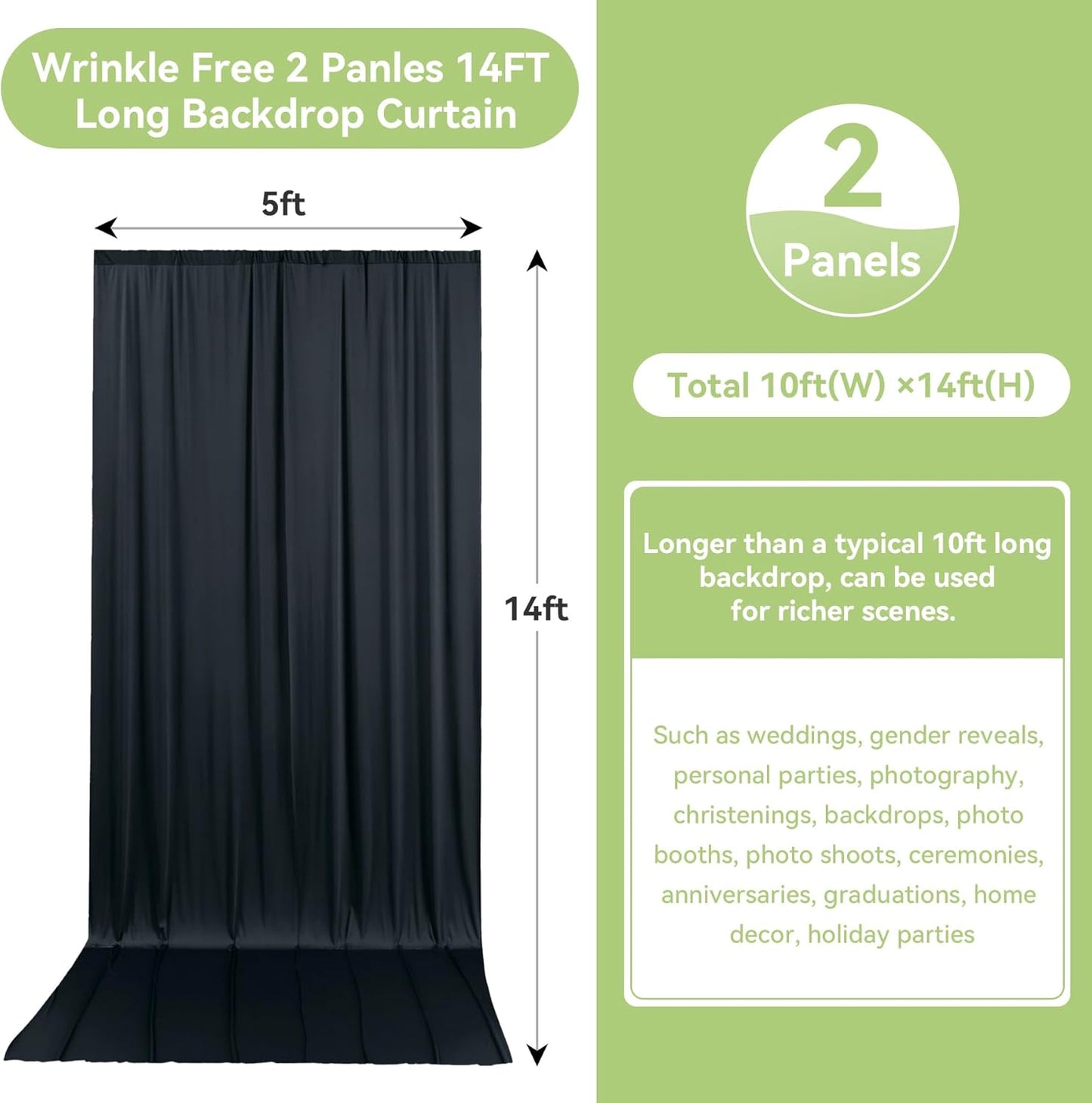 10ftx14FT Wrinkle Free Black Backdrop Curtain, 2 Panels 14FT Height Black Wedding Backdrop Drapes, Silky Polyester Back Drop Cloth for Birthday Photography Background Party Backdrop Draping