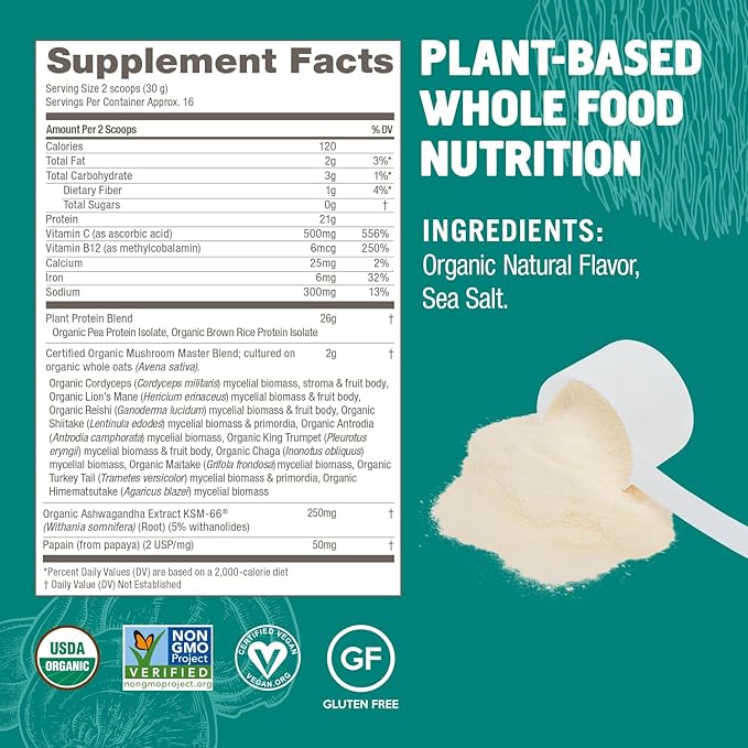 OM MUSHROOM SUPERFOOD Master Blend Mushroom Plant-Based Protein, 16 Servings Unsweetened Original, Unsweetened Plant-Based Protein with 10 Mushrooms & Adaptogens, GLP-1 Support