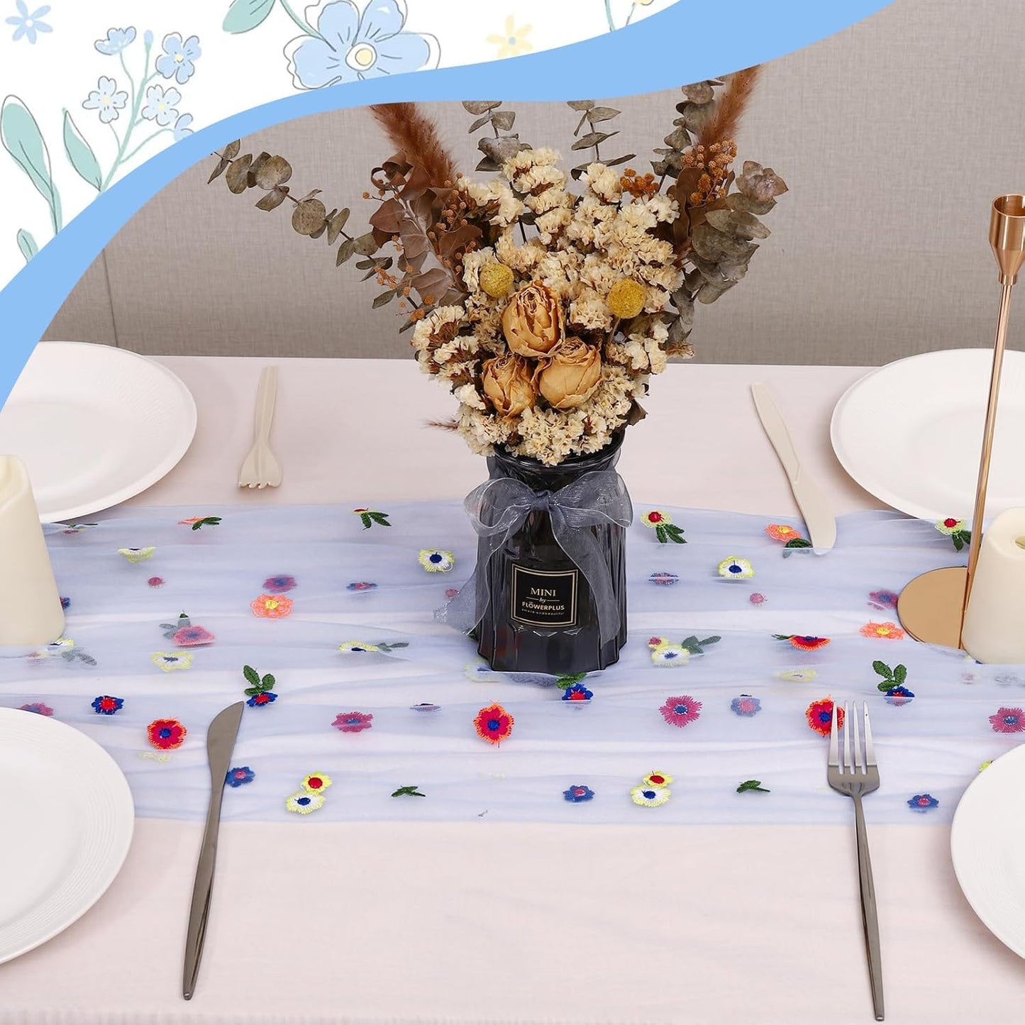 6PCS Blue Floral Table Runner 10 FT, Embroidery Daisy Table Runners Seasonal Sheer Tulle Table Runner for Thanksgiving Wedding Birthday Baby Shower Party ﻿