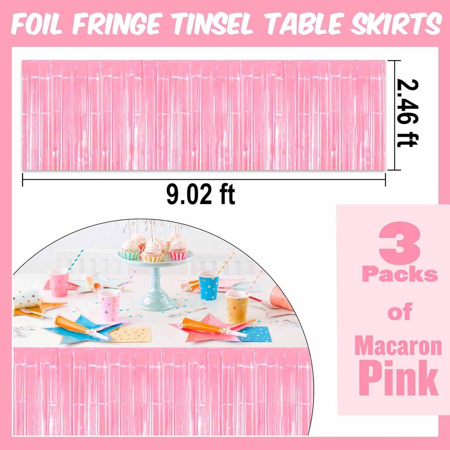 3 Pack 29 x108 Inch Macaron Pink Foil Fringe Table Skirts Metallic Banner for Tinsel Streamer Garland Backdrop for Parade Floats Mother's Day, Graduate, Birthday, Wedding Party Decoration