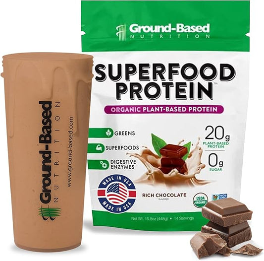 Ground-Based Nutrition Plant-Based Protein– Superfood + Essential Greens Powder – Keto, Paleo, Low Calorie Organic Vegan Protein Powder, Non-GMO, Gluten Free - 14 Servings,Chocolate