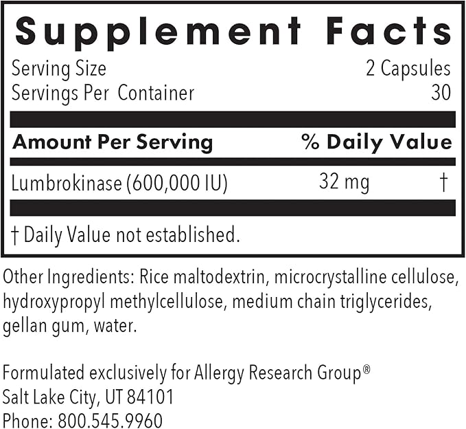 Allergy Research Group Lumbrokinase Supplement - Enzyme for Circulatory System Support, Supports Blood Circulation Already in The Normal Range, Cardiovascular Health - 60 Vegetarian Capsules