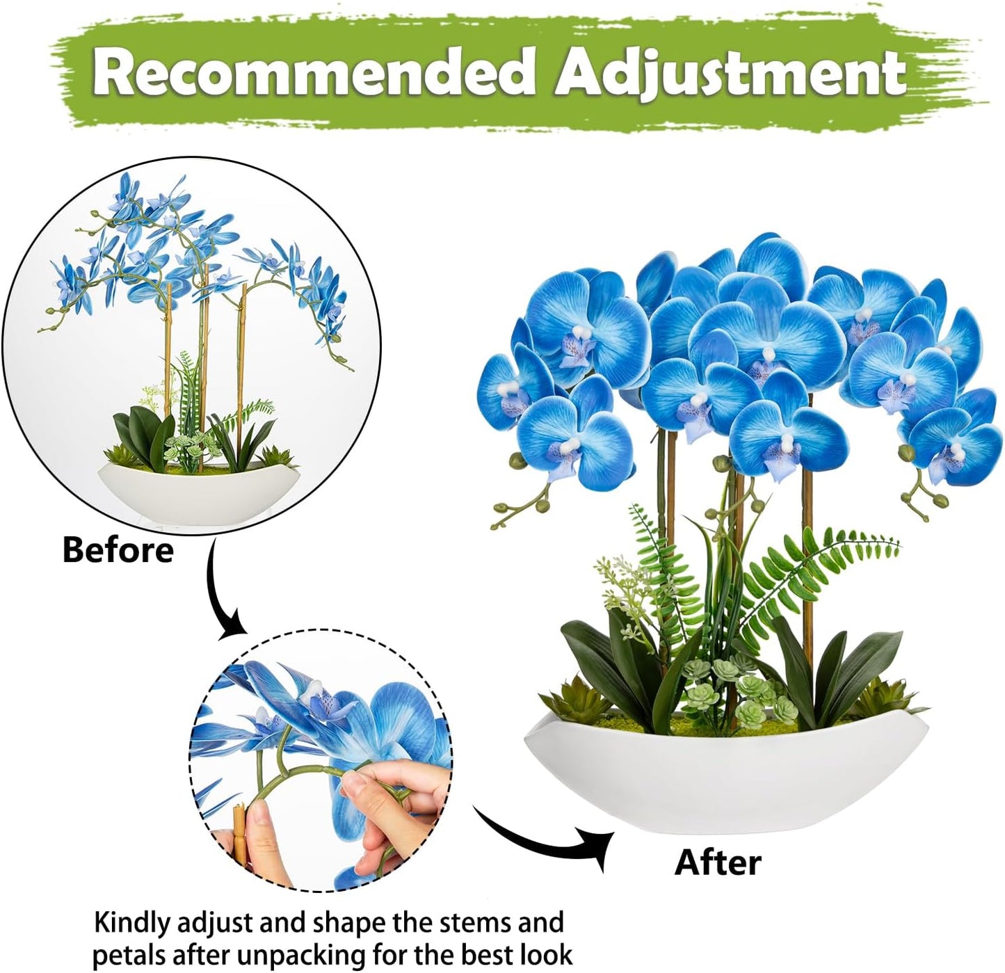 Briful Blue Orchid Artificial Flowers 18in Fake Orchid Silk Flowers with Ceramic Pot Faux Orchid Arrangement for Home Office Room Coffee Table Shelf Modern Decoration