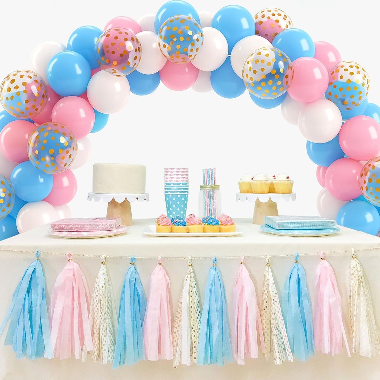 Patimate Gender Reveal Pink and Blue Balloons Set, 50 pcs 12 inch Pastel Blue Pink White Confetti Latex Balloons Kit for Gender Reveal Baby Shower Birthday Party Decorations