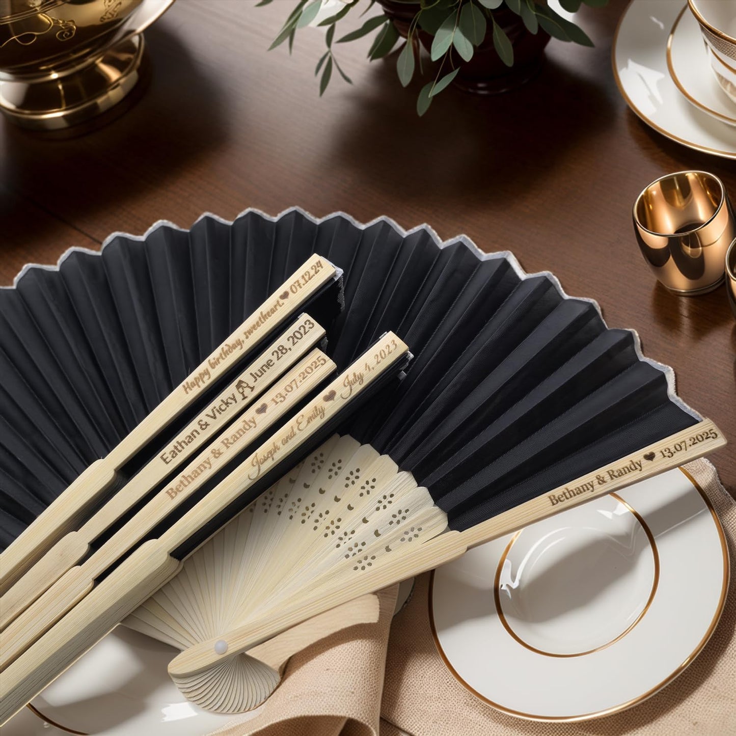 70Pcs Personalized Silk Fans Folding Hand Fan, Custom Wedding Bridal Party Favors, Summer Wedding Bride, Wedding Gift, Thank You Gift (Black)