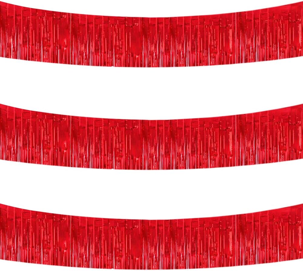 BEISHIDA 3 Packs 30 Feet Metallic Foil Fringe Garland Tinsel Streamers，Shiny Red Wall Hanging Tinsel Fringe Banners for Wedding Birthday Party Decoration Halloween Christmas New Year