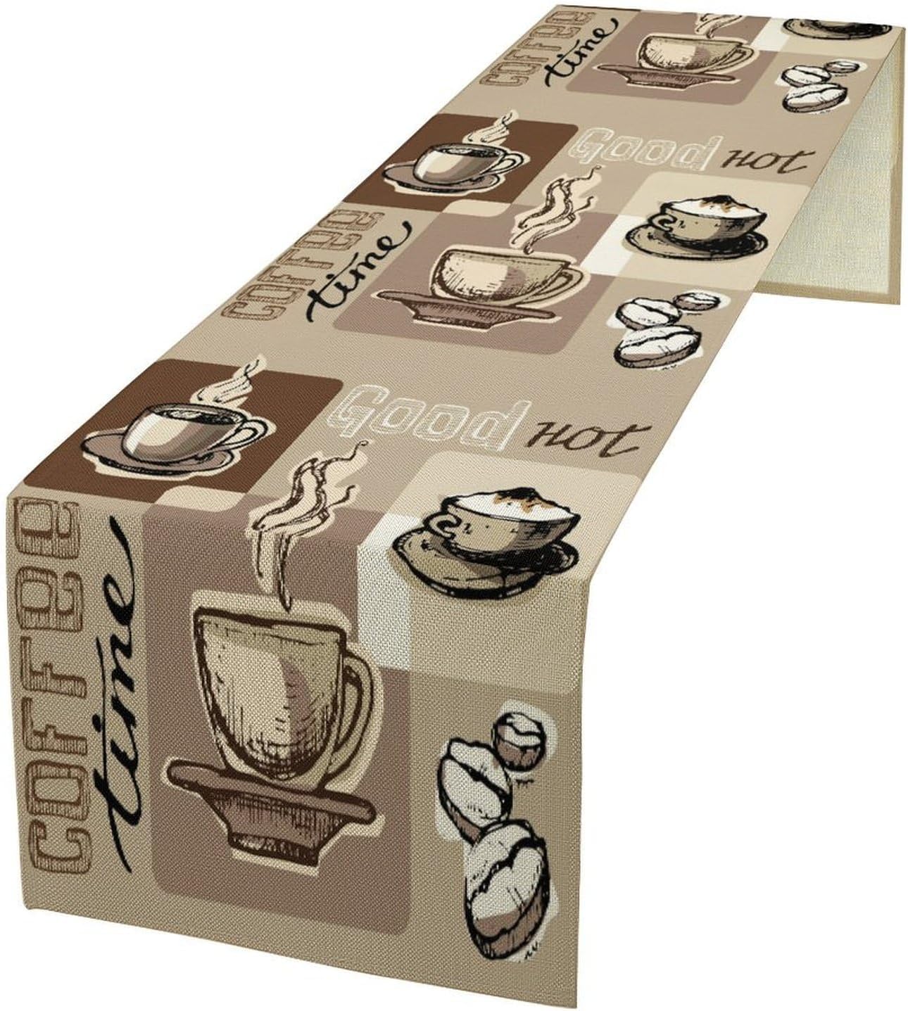 Coffee Table Runner,Vintage Style Coffee Cup Bean Abstract Theme Pattern Print Tablecloth Burlap for Hotel Indoors Outdoor Dining Room Kitchen Table Decor, 13x36in