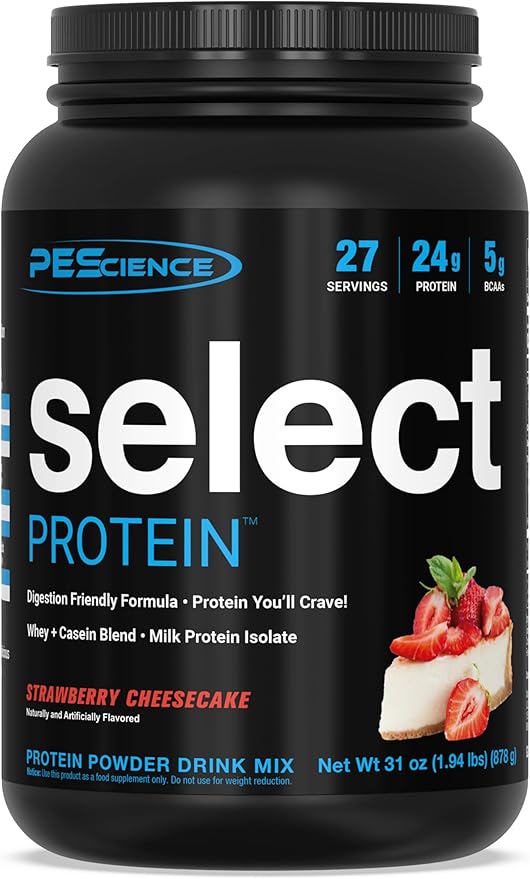 PEScience Select Protein Powder, Whey and Casein Blend, Clean Protein Powder for Women and Men, Low Calorie, Low Carb, Keto Friendly, Gluten Free, Strawberry Cheesecake, 27 Servings