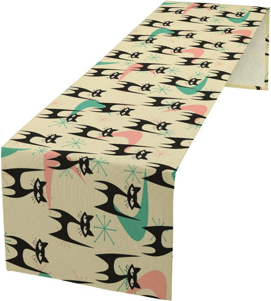 Mid Century Table Runner,Cat Geometric Stripe Colorful Abstract Pattern Print Tablecloth Burlap for Hotel Indoors Outdoor Dining Room Kitchen Holiday Party, 13x90in
