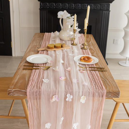 Romantic Artificial Floral Table Runner 10ft Gauze Tulle Lace Table Runner Set for Wedding Baby Shower Bridal Shower Holiday Kitchen Dining Table Decoration for Home Party Special Occasion