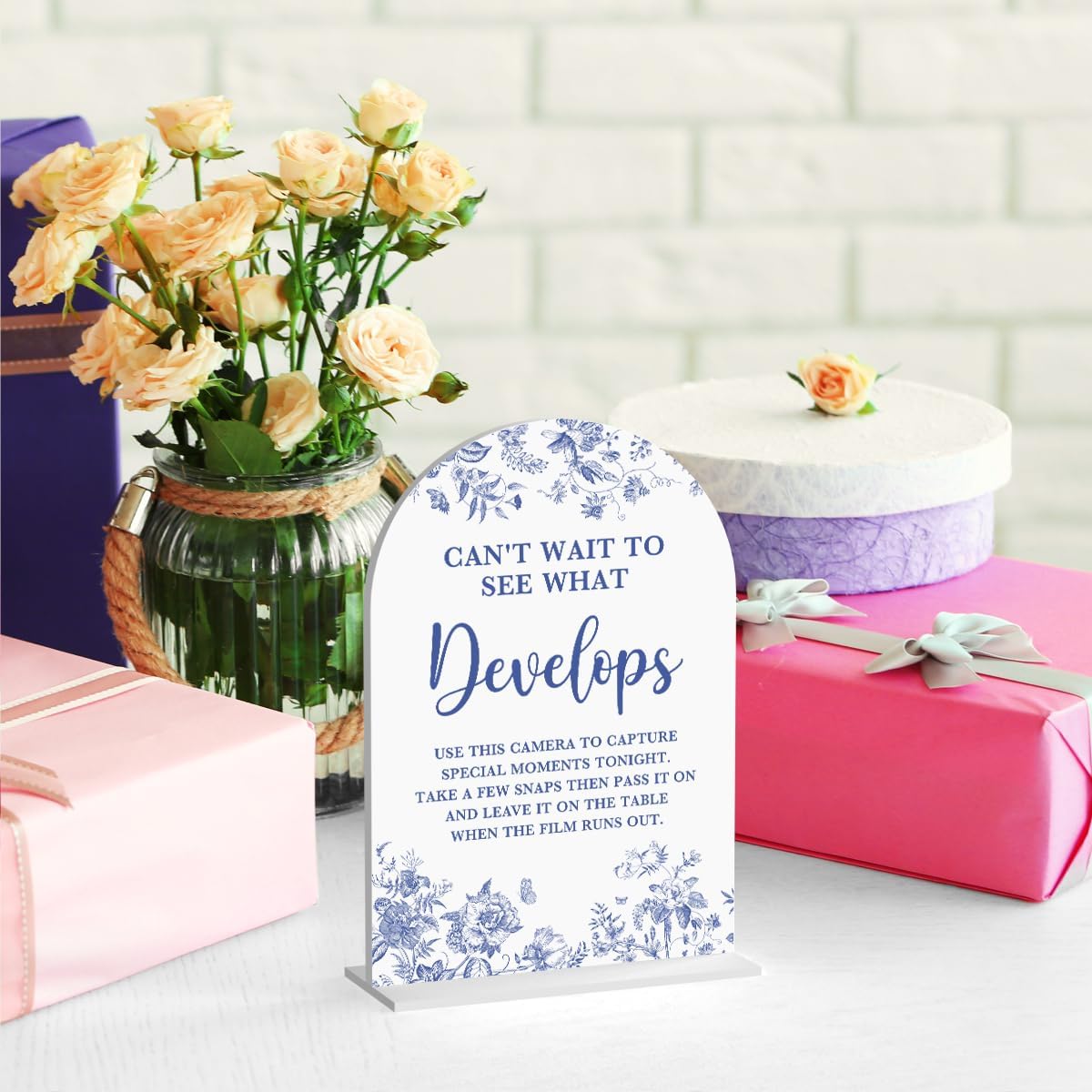 Acrylic Wedding Signs, Dusty Blue Wedding Decor, Blue Weddings Decor, Modern Calligraphy Arch Acrylic Table Top Sign for Weddings Parties Dinners - Can't Wait to See What Develops (White)