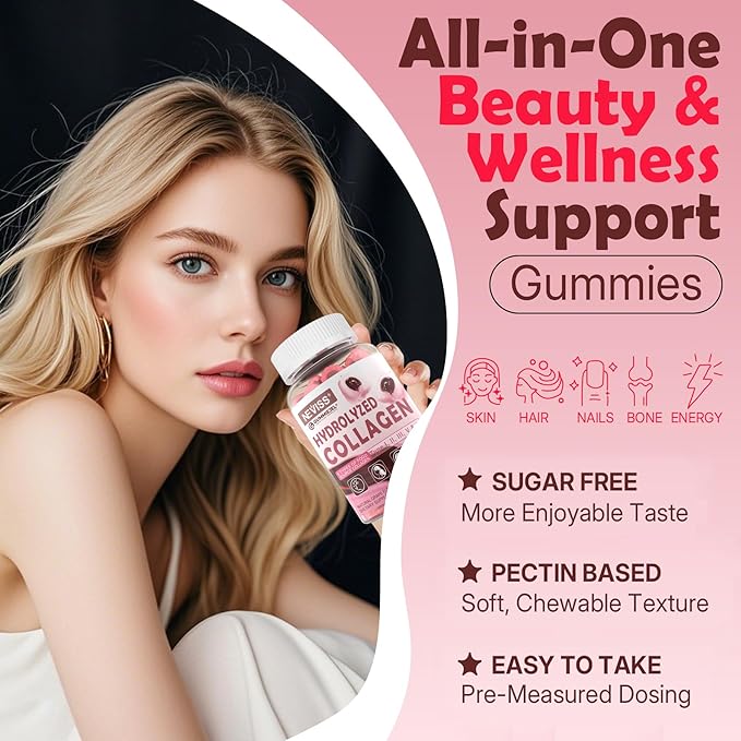 Collagen Peptides Gummies for Women & Men, Hydrolyzed Collagen (Type I,II,III,V,X) w/ 5000IU Vitamin D3 & Biotin Keratin, Multi Collagen Supplement Gummy for Healthy Aging, Skin Hair-Sugar Free, 60Cts