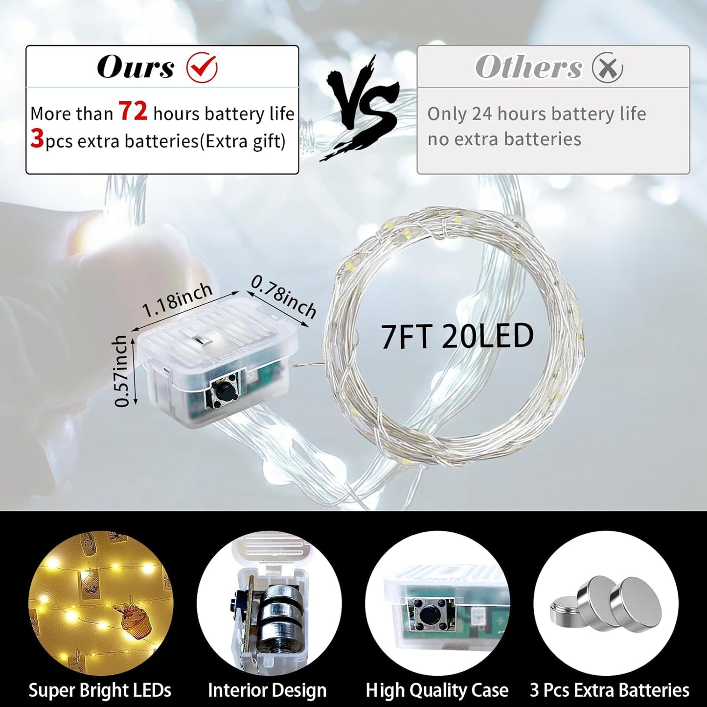 24 Pack White Fairy Lights 7Ft 20 LED Twinkle String Lights 3 Modes Battery Operated Waterproof Firefly Starry for Mason Jar Party Wedding Christmas Valentines Day Table Centerpieces,Cold White