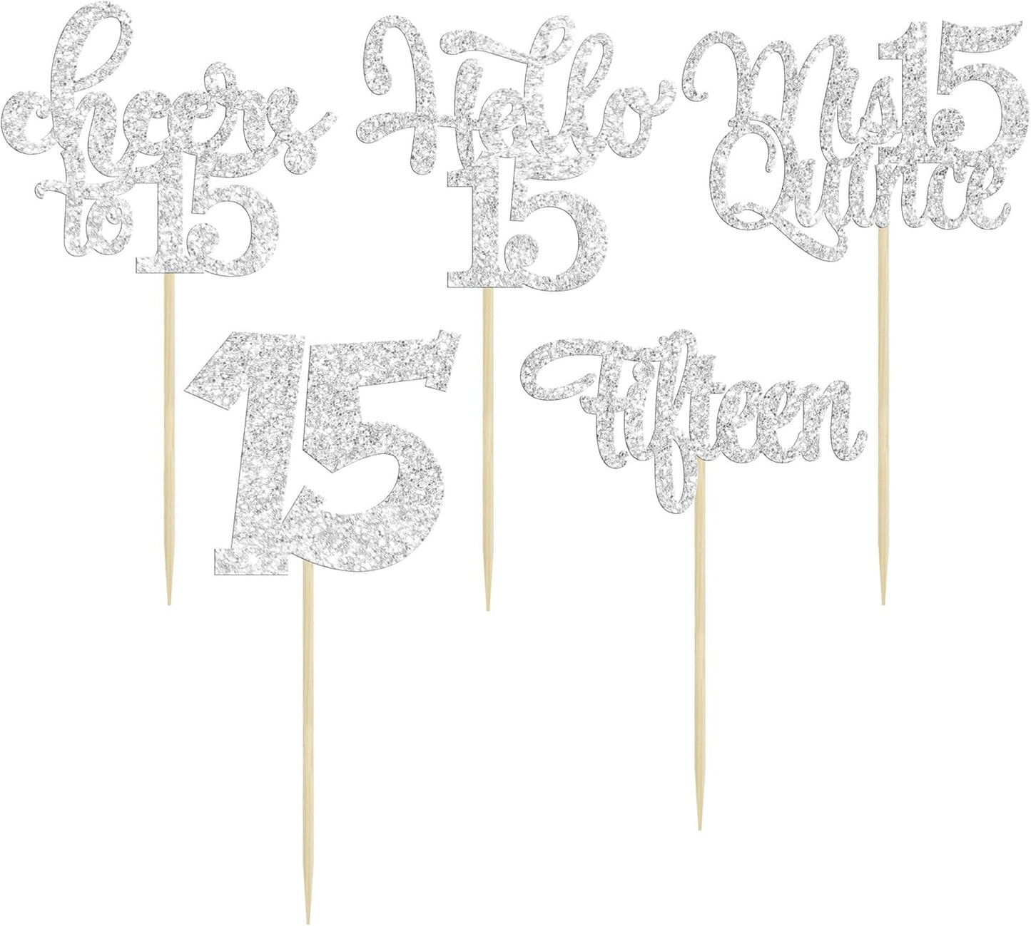 30Pcs 15th Birthday Cupcake Toppers Fifteen Cupcake Picks Cheers to 15 Years Old Mis Quince 15 Cake Decorations for 15th Birthday Anniversary Party Silver Glitter