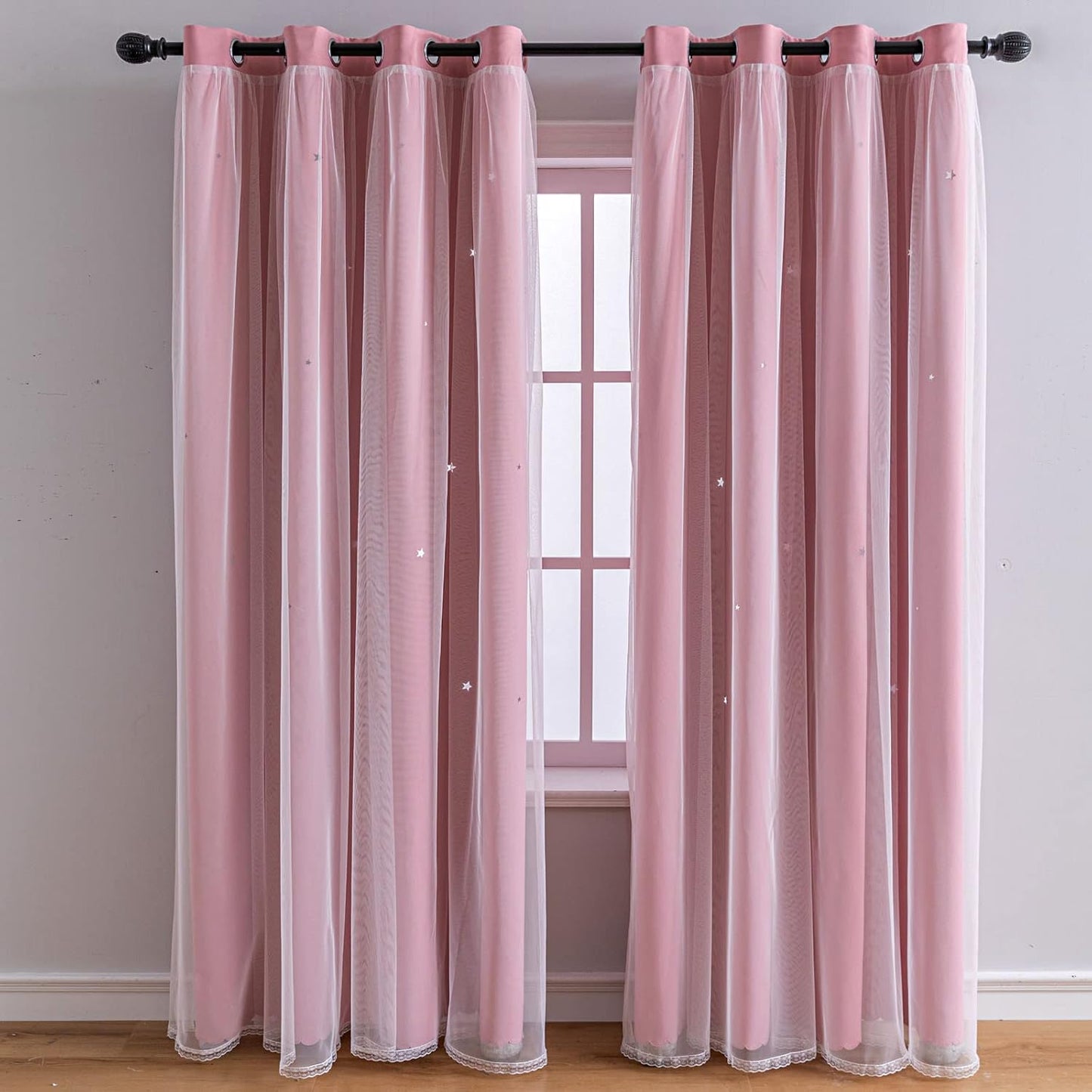 FANLI 2 Panels Star Blackout Curtains for Kid Girls Bedroom Living Room Darking Stripe Double Layer Star Cut Out Wall Home Decor Gradient Grommet Window Curtains (Pink 63L)
