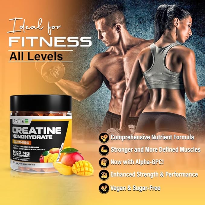Creatine Monohydrate Gummies, 5000mg of Creatine Per Serving with Alpha-GPC & Taurine, Mango Flavor, Enhance Brain Function, Muscle Growth Support, Pre Workout Gummies for Men and Women - 120pcs
