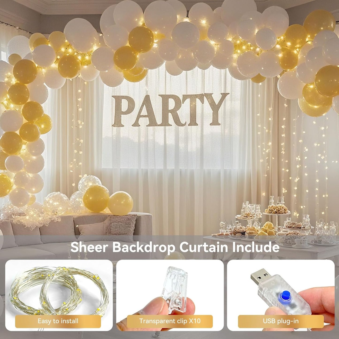 10×10ft Tulle Backdrop Curtains with Lights String - 300LED Fairy Lights Sheer Curtain Backdrop for Weddings Baby Shower and Birthday Party Decorations(2 Panels 5×10ft)