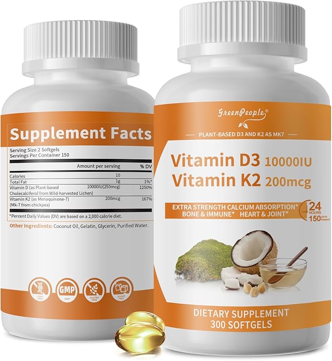 K2 D3 Vitamin Supplement, Vitamin D-3 & K-2 MK-7, 10,000 IU/200 mcg, with Virgin Non-GMO Coconut MCT Oil | 300 Vegan Softgels | Bone Health, Immune Support