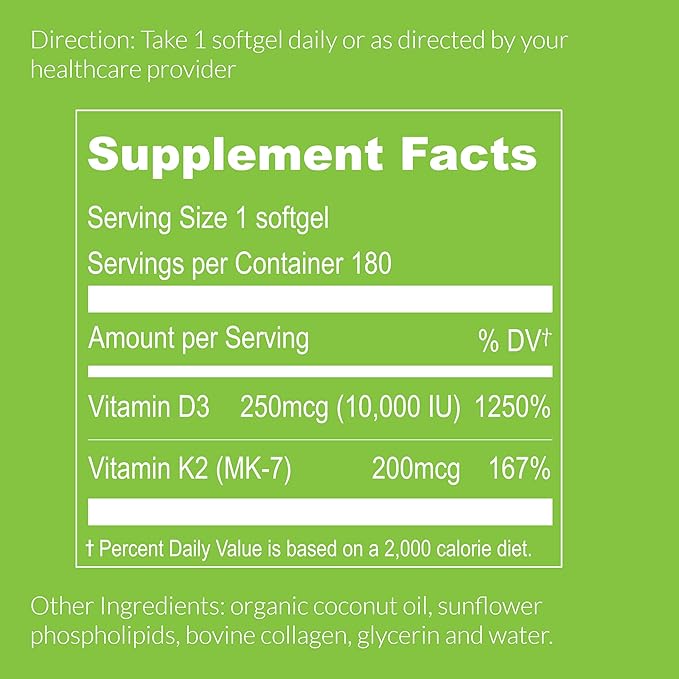 UpNourish Liposomal D3 K2 Vitamin 10000 IU D3 and K2 MK-7 200 mcg - 180 Vitamin D3 k2 (Vitamina D3 con K2) Mini Softgels - Easy to Swallow K2 D3 Vitamin