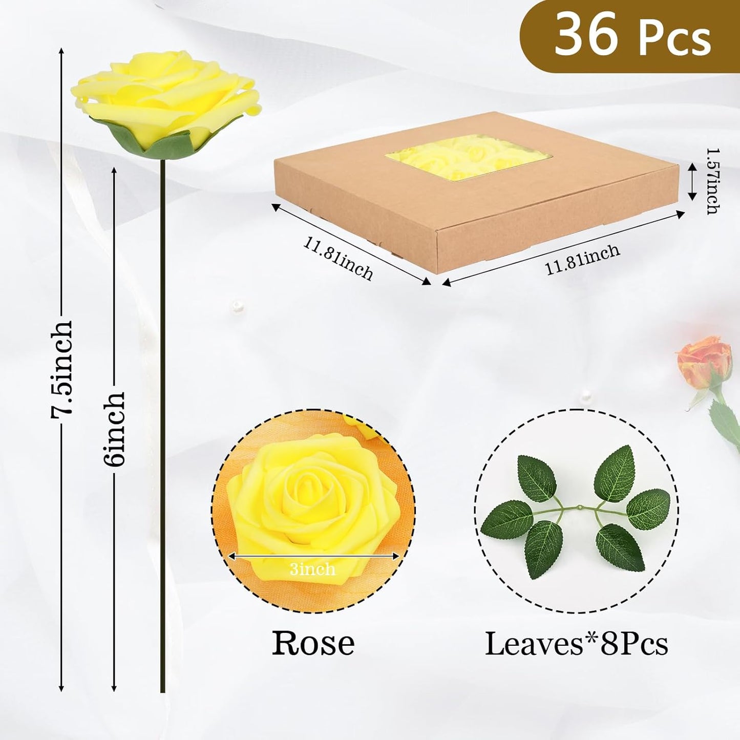 BLEUM CADE 36Pcs Artificial Flowers Fake Roses with Stems, Yellow Boxed Foam Roses for DIY Bouquets Centerpieces Wedding Party Arrangement Bridal Shower Decor