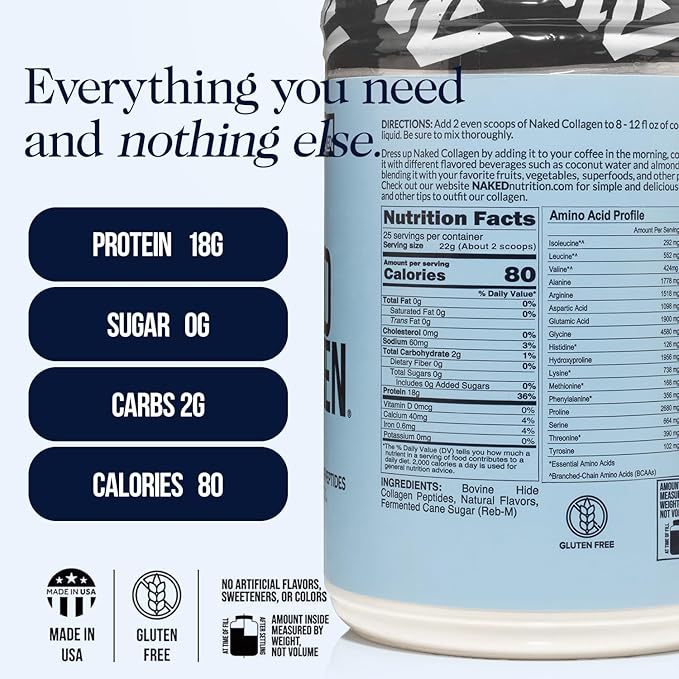 NAKED Vanilla Collagen Peptides Protein Powder, 25 Servings, Pasture-Raised, Grass-Fed Hydrolyzed Collagen Supplement, Paleo Friendly, Non-GMO, Keto, Gluten Free, 19.4oz