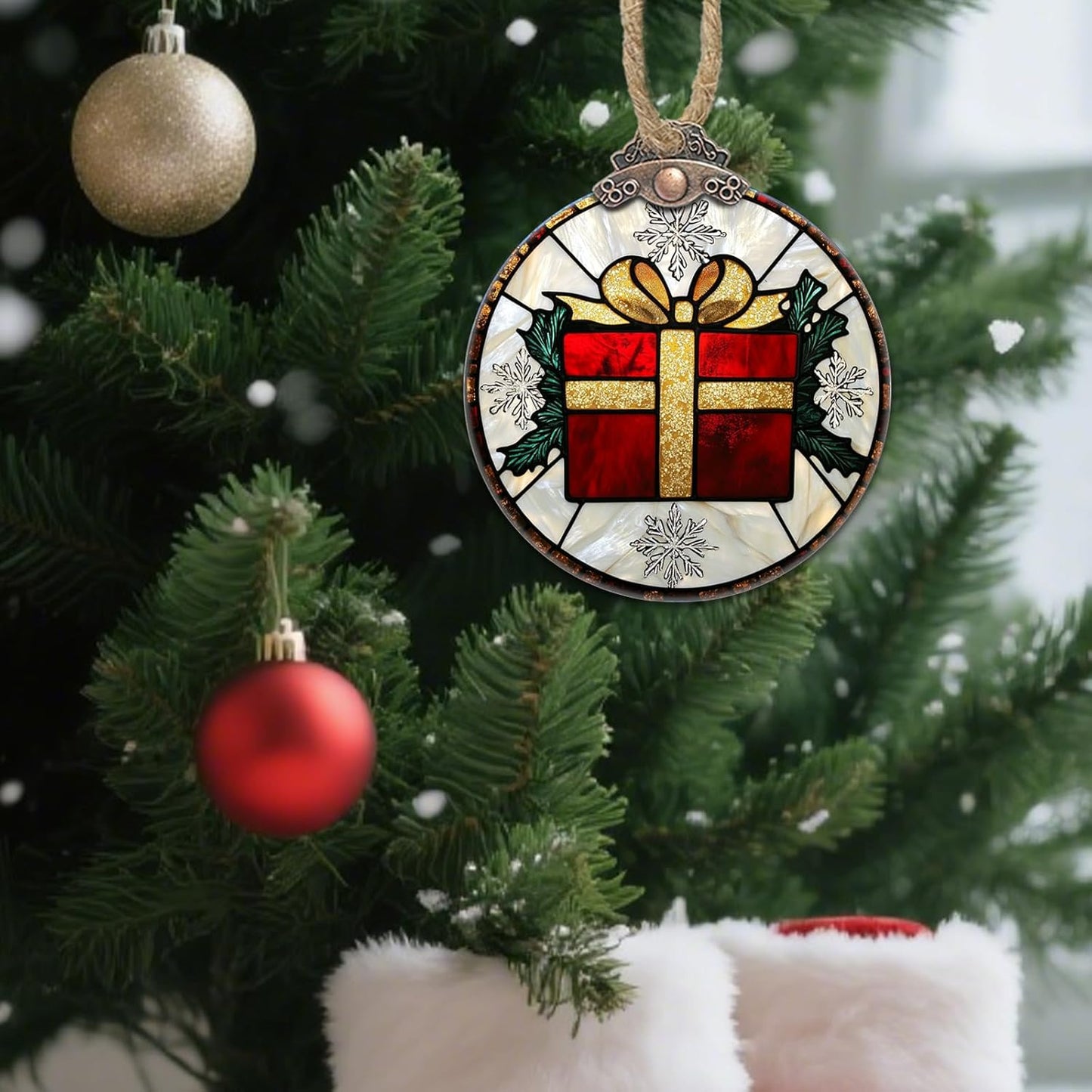 Stained Glass Christmas Decorations, Gold Ribbon Suncatcher for Window Christmas Tree Hanging Ornaments Retro White Snowflake Sun Catcher Xmas Decor Gifts for Women Men Mom Nana Friend