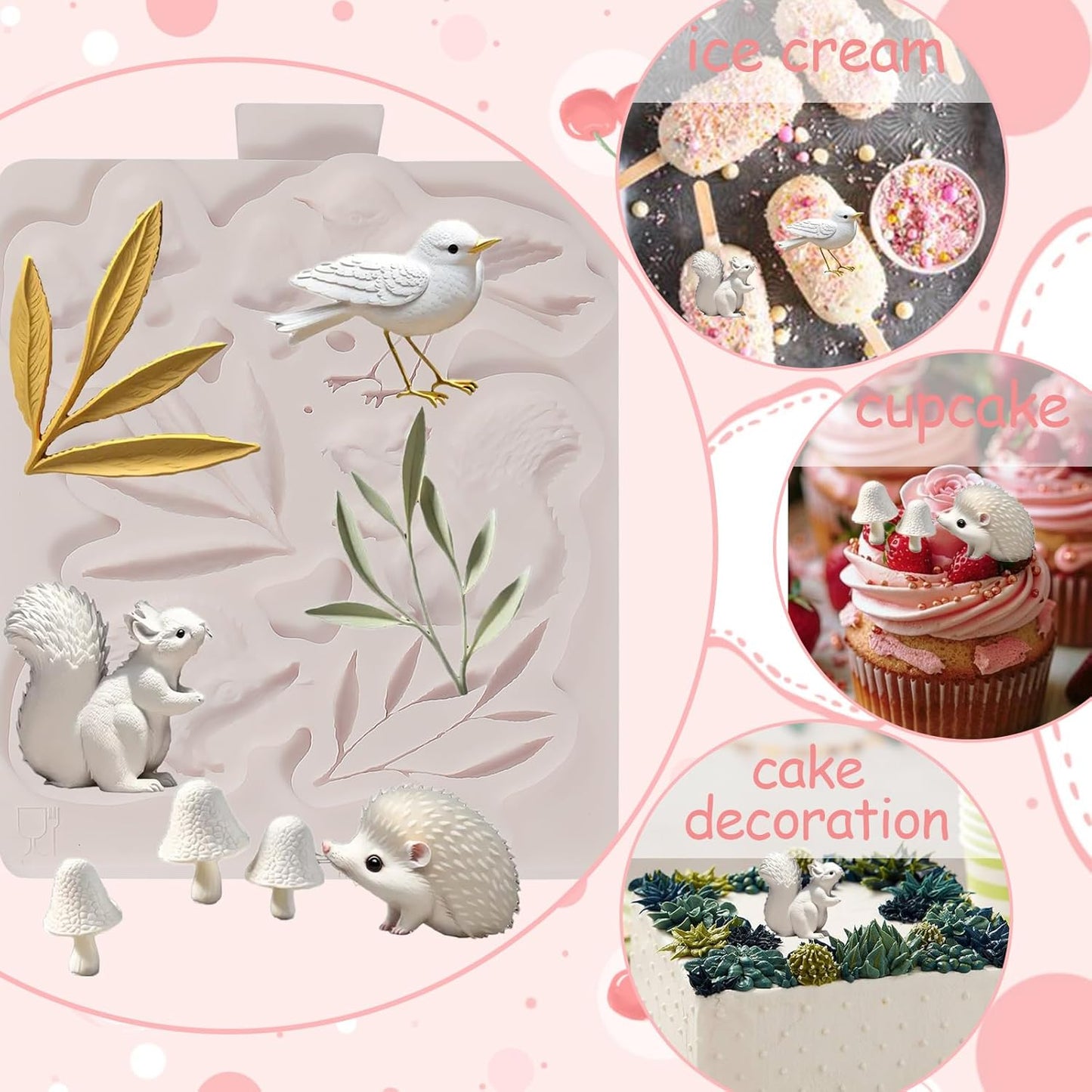 1Pcs Cute Hedgehog Squirrel Silicone Mold, Mushroom Leaf Chocolate Fondant Mold for Cake Decoration, Biscuits, Candy, Sugar Craft, Flower Paste, Clay, Resin Craft, Pendant, Home Decor