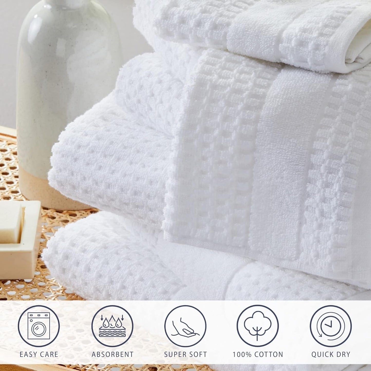 100% Cotton Super Soft Luxury Hand Towel Set | Quick-Dry and Highly Absorbent | Waffle Textured | 550 GSM | Includes 6 Hand Towels | Harper Collection (White)