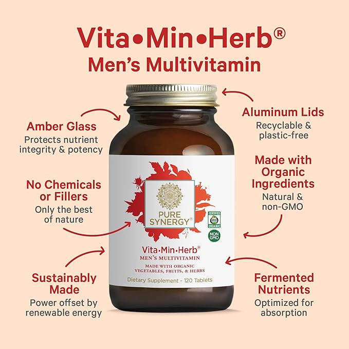 PURE SYNERGY Vita·Min·Herb for Men | Men’s Comprehensive Multivitamin Supplement | Made with Organic Whole Food Non-GMO Ingredients | Daily Energy & Immune Support (120 Tablets)