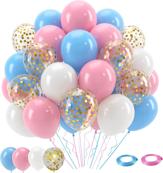 Patimate Gender Reveal Pink and Blue Balloons Set, 50 pcs 12 inch Pastel Blue Pink White Confetti Latex Balloons Kit for Gender Reveal Baby Shower Birthday Party Decorations