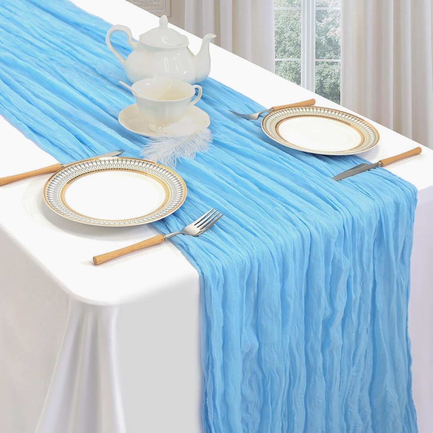 12 Pack Baby Blue Cheesecloth Table Runner 10ft Boho Gauze Fabric Cheese Cloth Table Runner 35 x 120 Inch Rustic Sheer for Romantic Wedding Decor Baby Shower Party Table Centerpiece Decoration