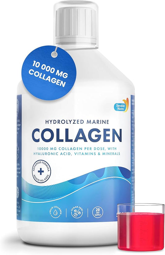Swedish Nutra - 10,000 mg Hydrolyzed Marine Collagen Liquid Supplement - 500 ml, 20 Day Supply | Hyaluronic Acid, Biotin and Vitamin C to Support Healthy Hair, Skin, Nails and Joints | Sugar-Free