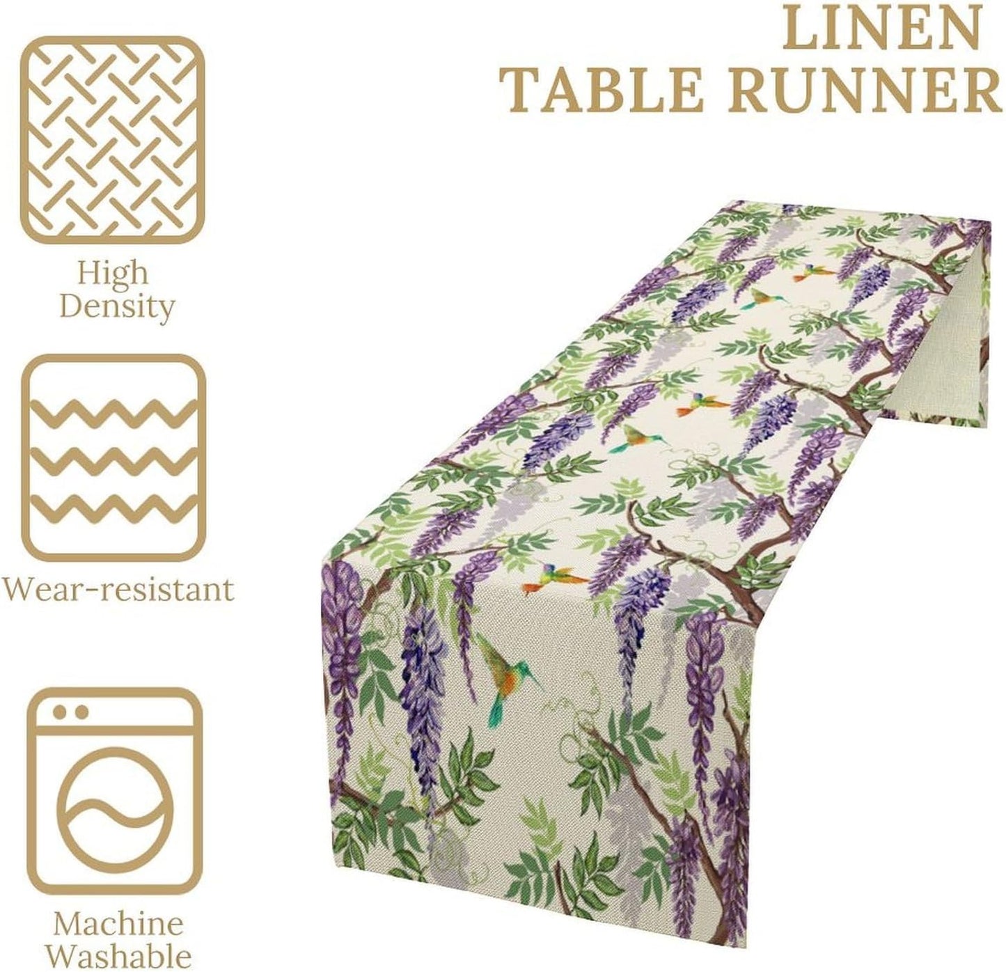 Vintage Bird Flower Table Runner Seasonal Spring Purple Wisteria Garden Plants Lavender Florals Farmhouse Country Kitchen Dinner Runner Dining Table Decoration for Home Party Holiday 13"x36"